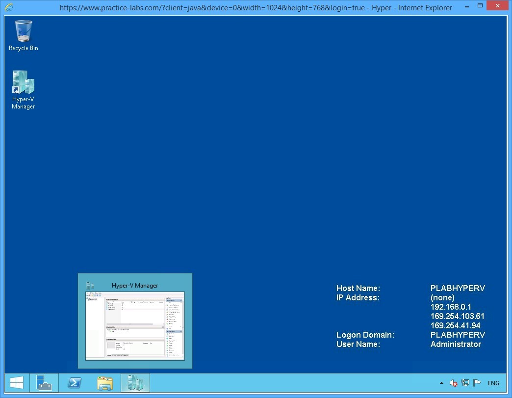 Figure 2.1 Screenshot of device PLABHYPERV. A minimized Hyper-V Manager application window is shown in the taskbar.